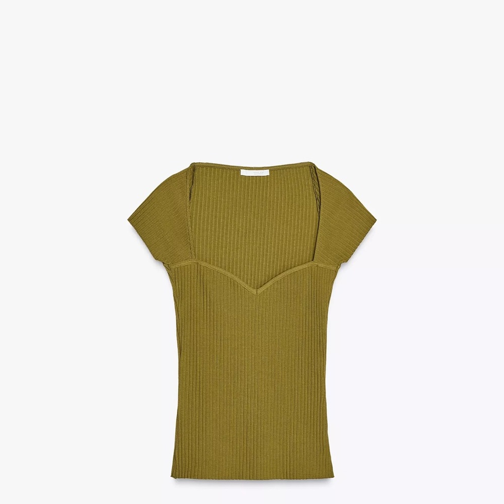 Olive Green Ribbed Sweetheart Neckline Top